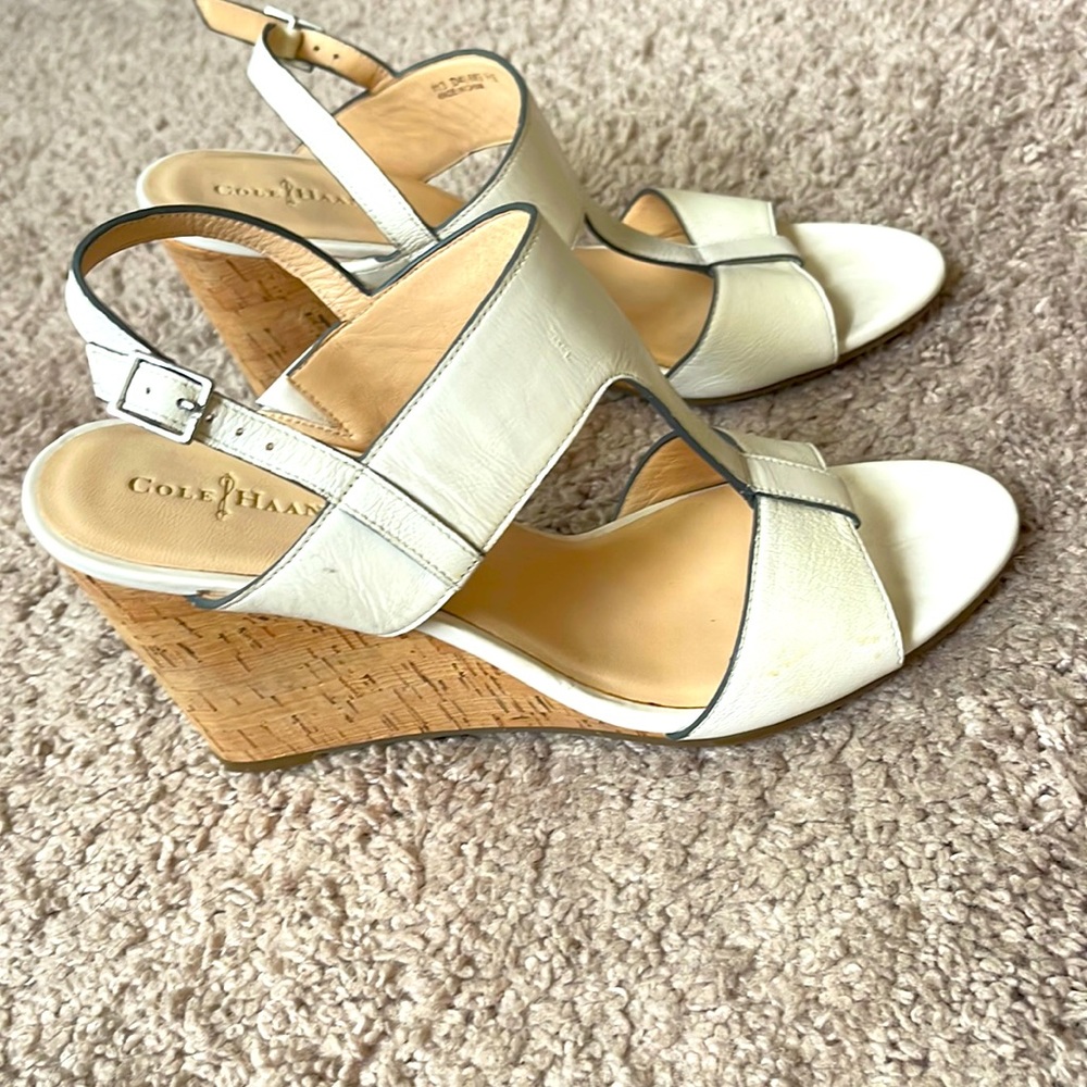 Cole Haan Women's T-Strap Cork Wedge Strappy White Ivory Leather Sandals